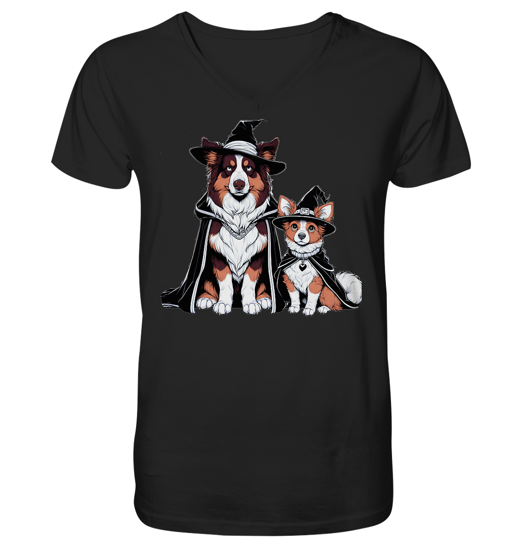 Halloween Wizard Hunde Terrier und Australian Sheppard  - V-Neck Shirt