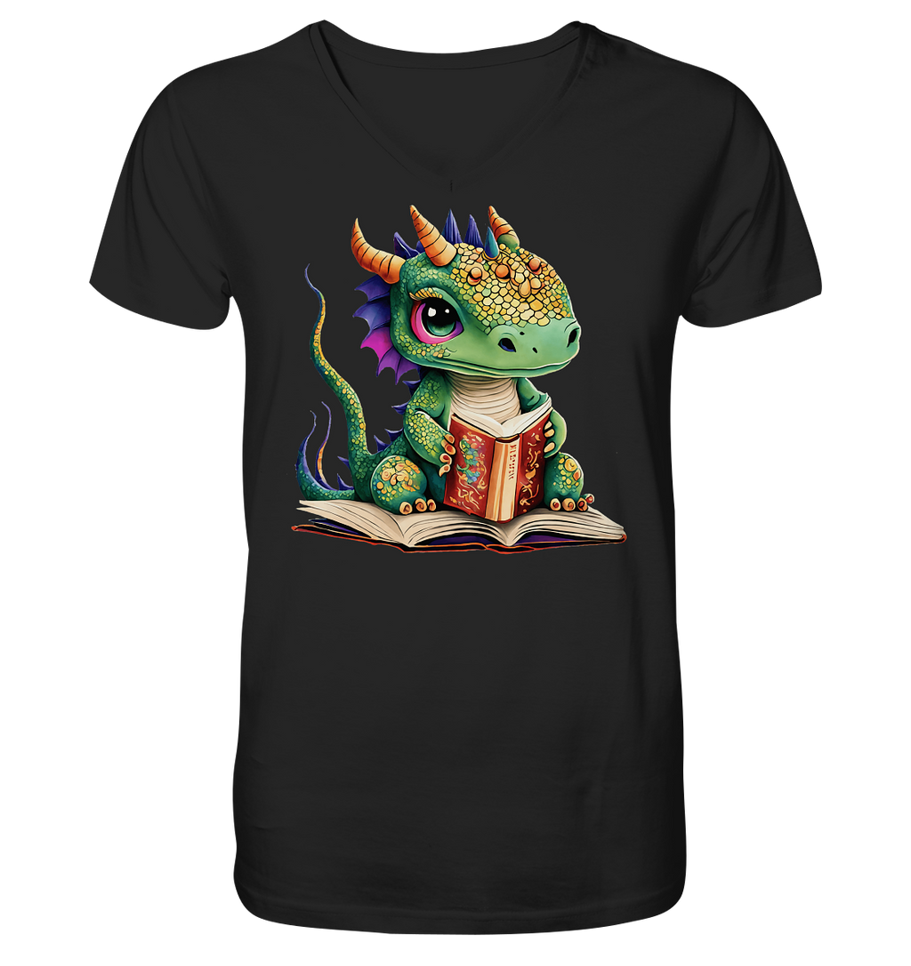 Kleiner lesender Drache -personalisierbar - V-Neck Shirt