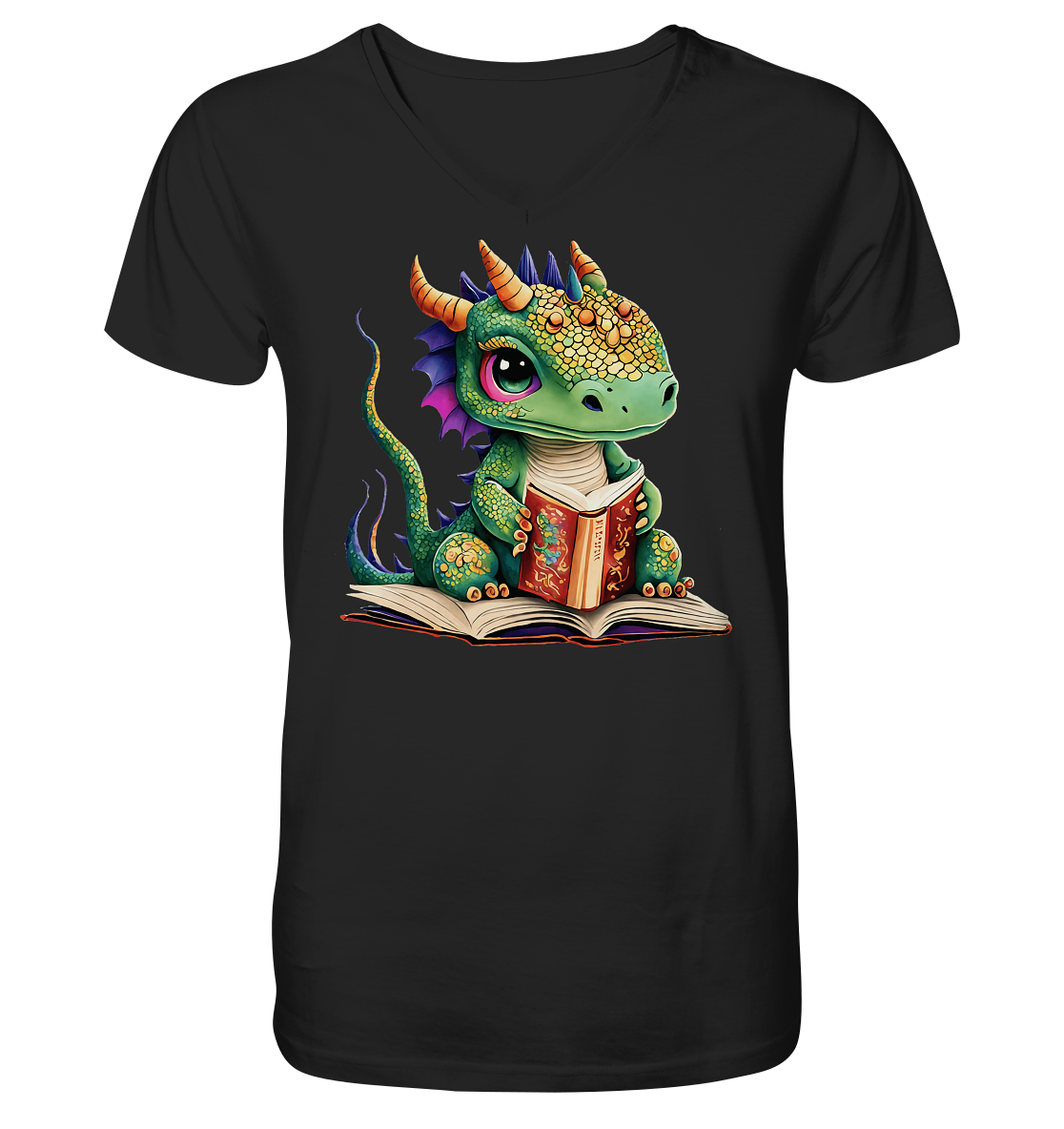 Kleiner lesender Drache -personalisierbar - V-Neck Shirt