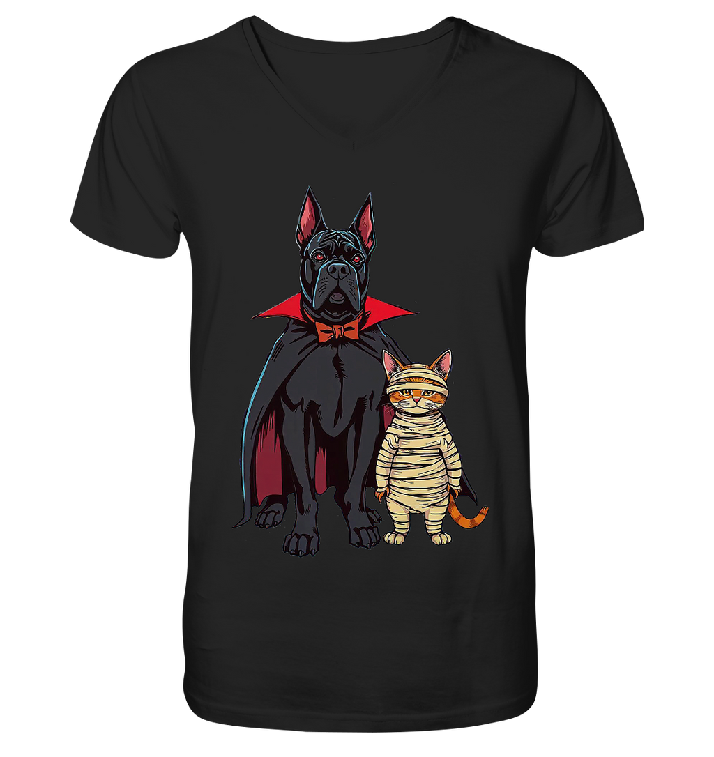 Halloween Cane Corso mit Katze als comic - V-Neck Shirt