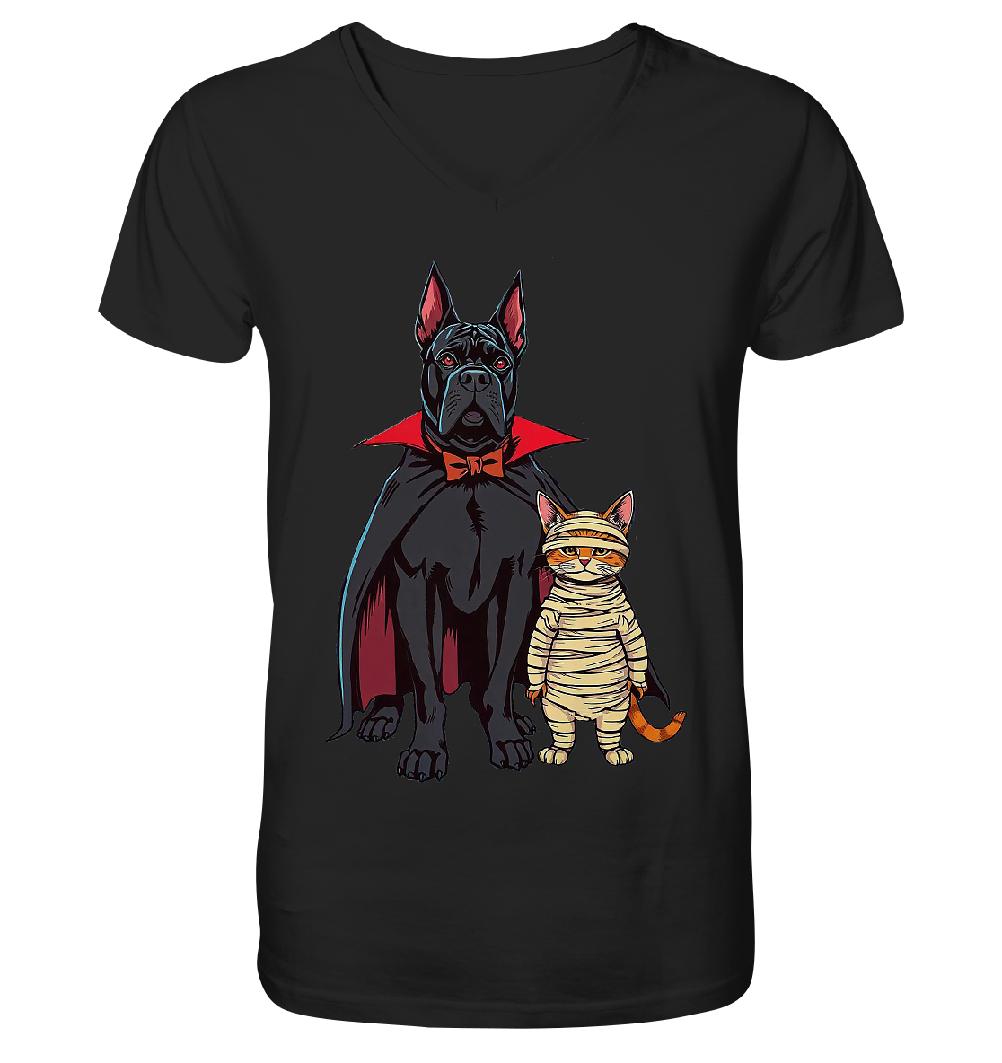 Halloween Cane Corso mit Katze als comic - V-Neck Shirt