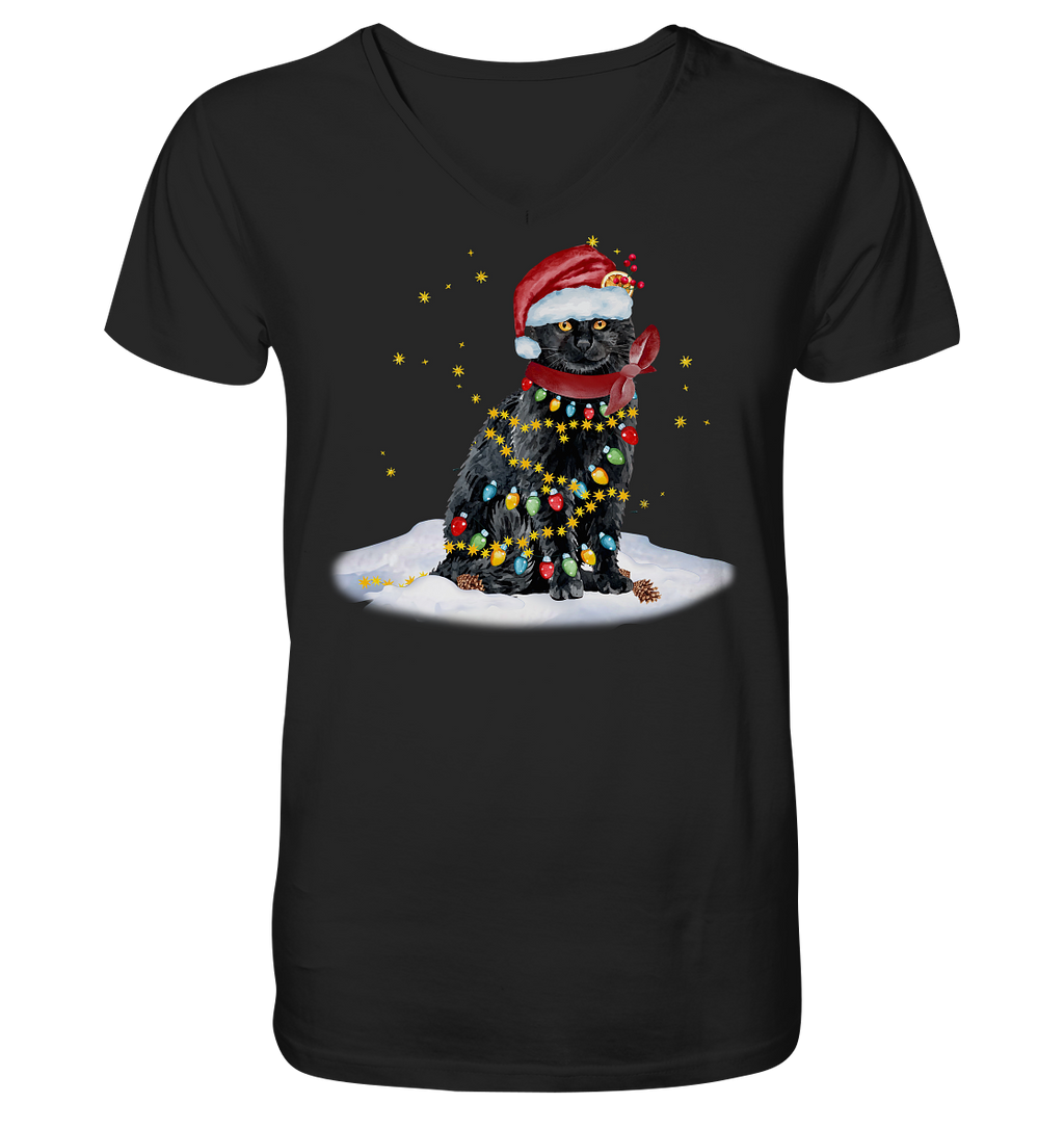 Lustige Weihnachts Katze Zeichnung - V-Neck Shirt