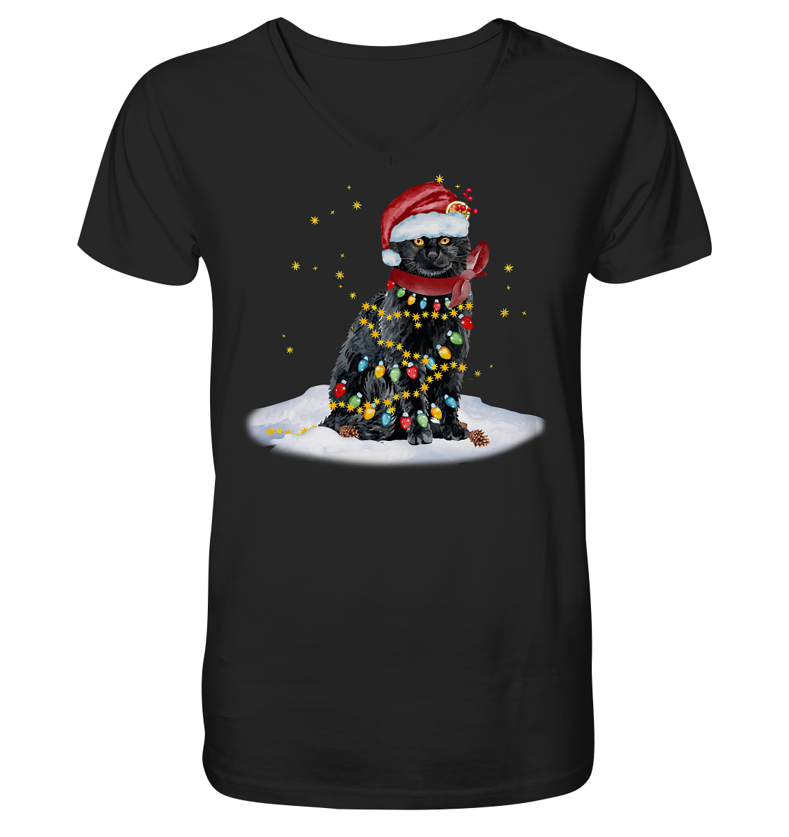 Lustige Weihnachts Katze Zeichnung - V-Neck Shirt