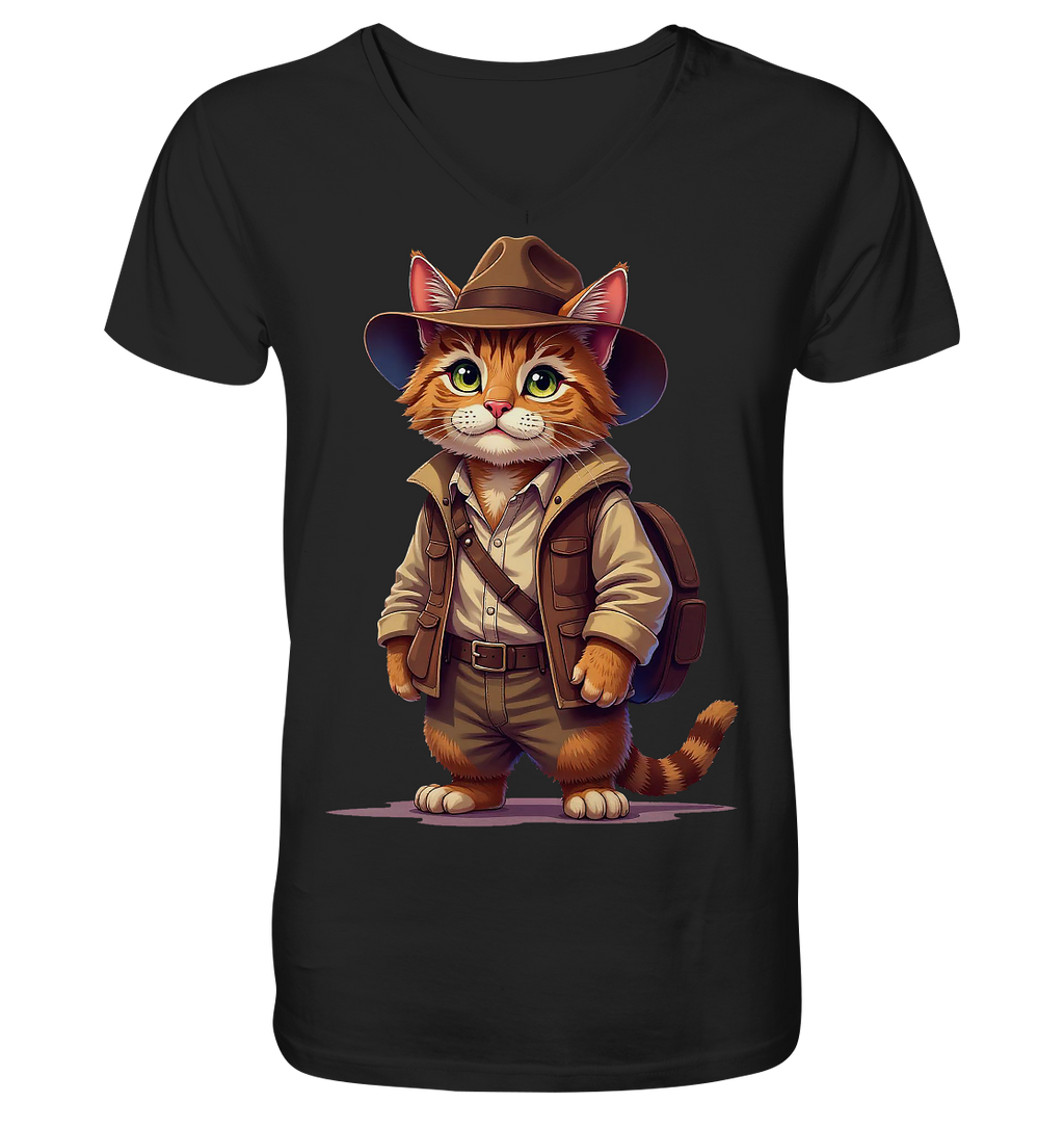 Abenteurer Katze Cartoon  - personalisierbar - V-Neck Shirt