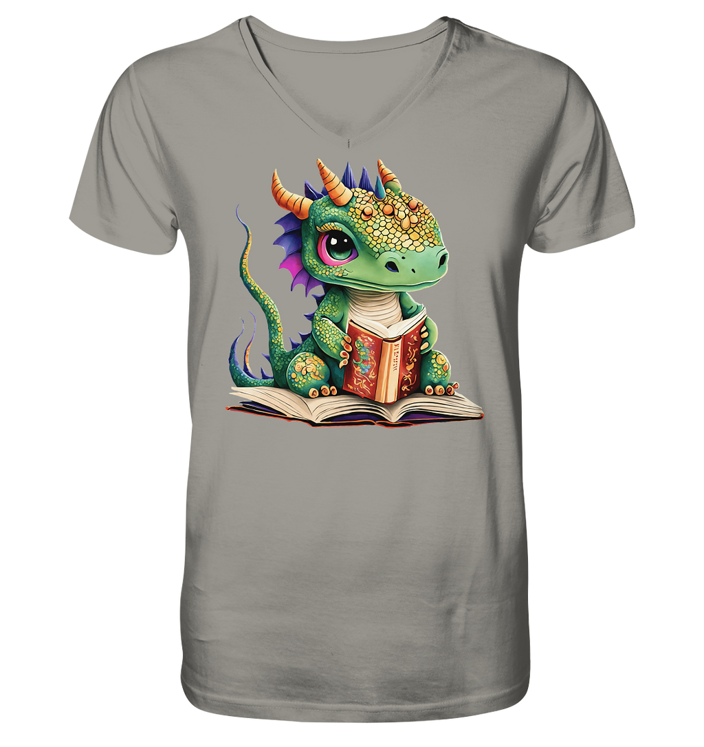 Kleiner lesender Drache -personalisierbar - V-Neck Shirt