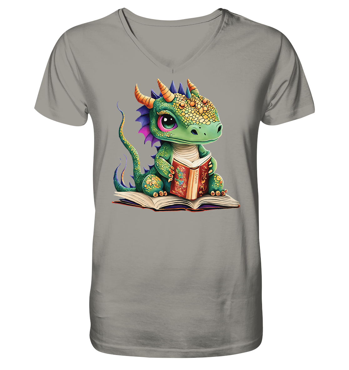 Kleiner lesender Drache -personalisierbar - V-Neck Shirt