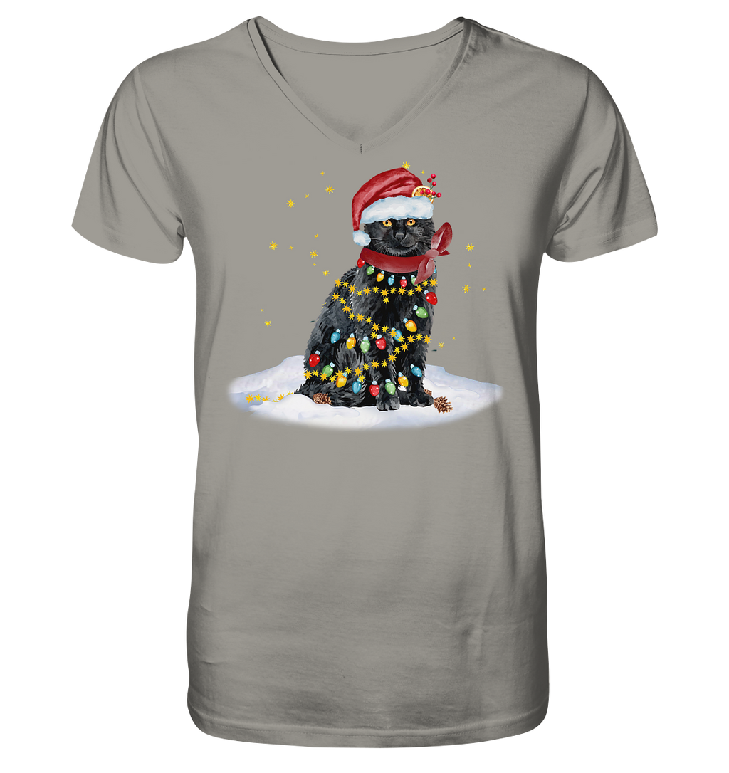 Lustige Weihnachts Katze Zeichnung - V-Neck Shirt