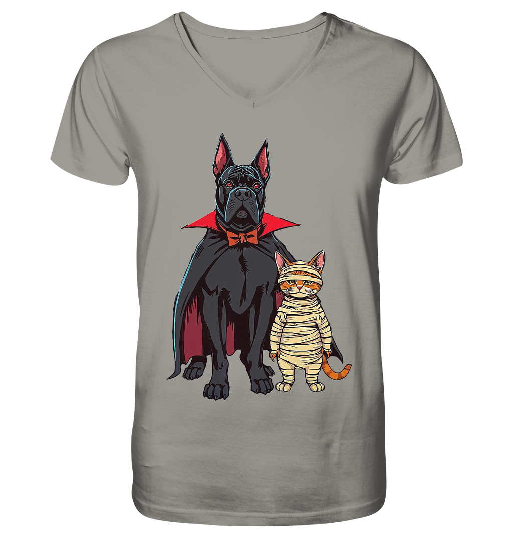 Halloween Cane Corso mit Katze als comic - V-Neck Shirt