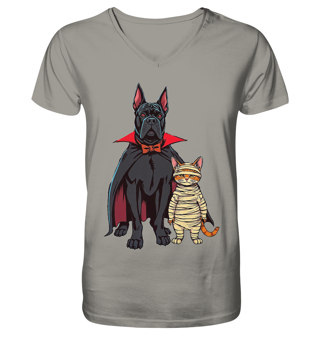 Halloween Cane Corso mit Katze als comic - V-Neck Shirt