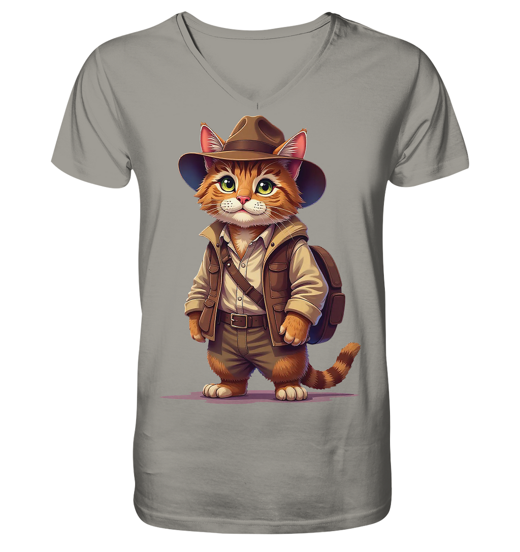 Abenteurer Katze Cartoon  - personalisierbar - V-Neck Shirt