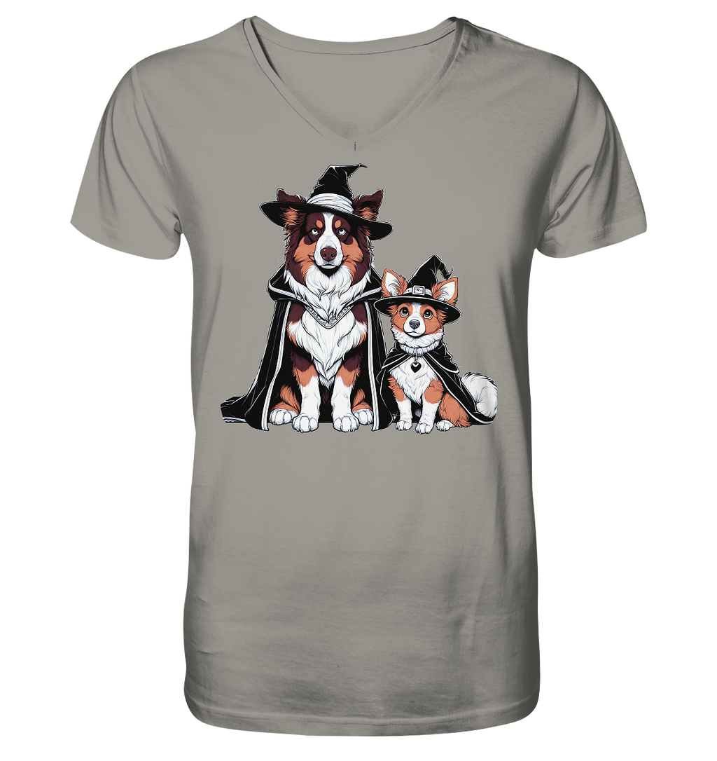 Halloween Wizard Hunde Terrier und Australian Sheppard  - V-Neck Shirt