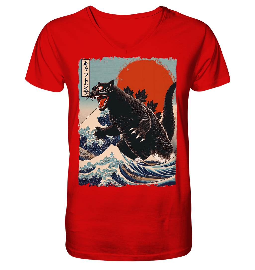 Cat - Zilla , Comic Style - V-Neck Shirt