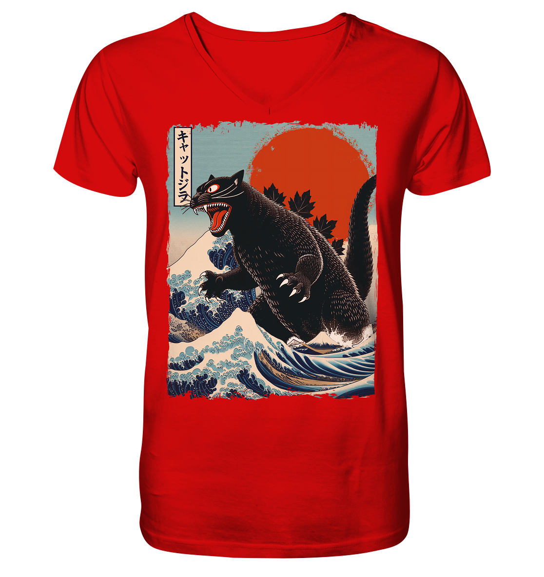 Cat - Zilla , Comic Style - V-Neck Shirt