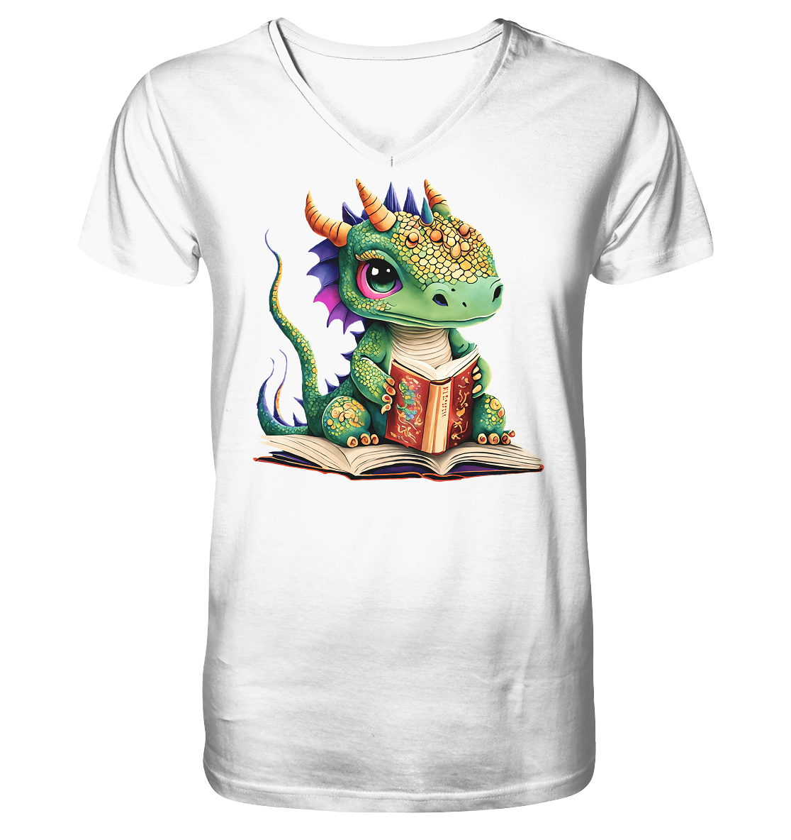 Kleiner lesender Drache -personalisierbar - V-Neck Shirt