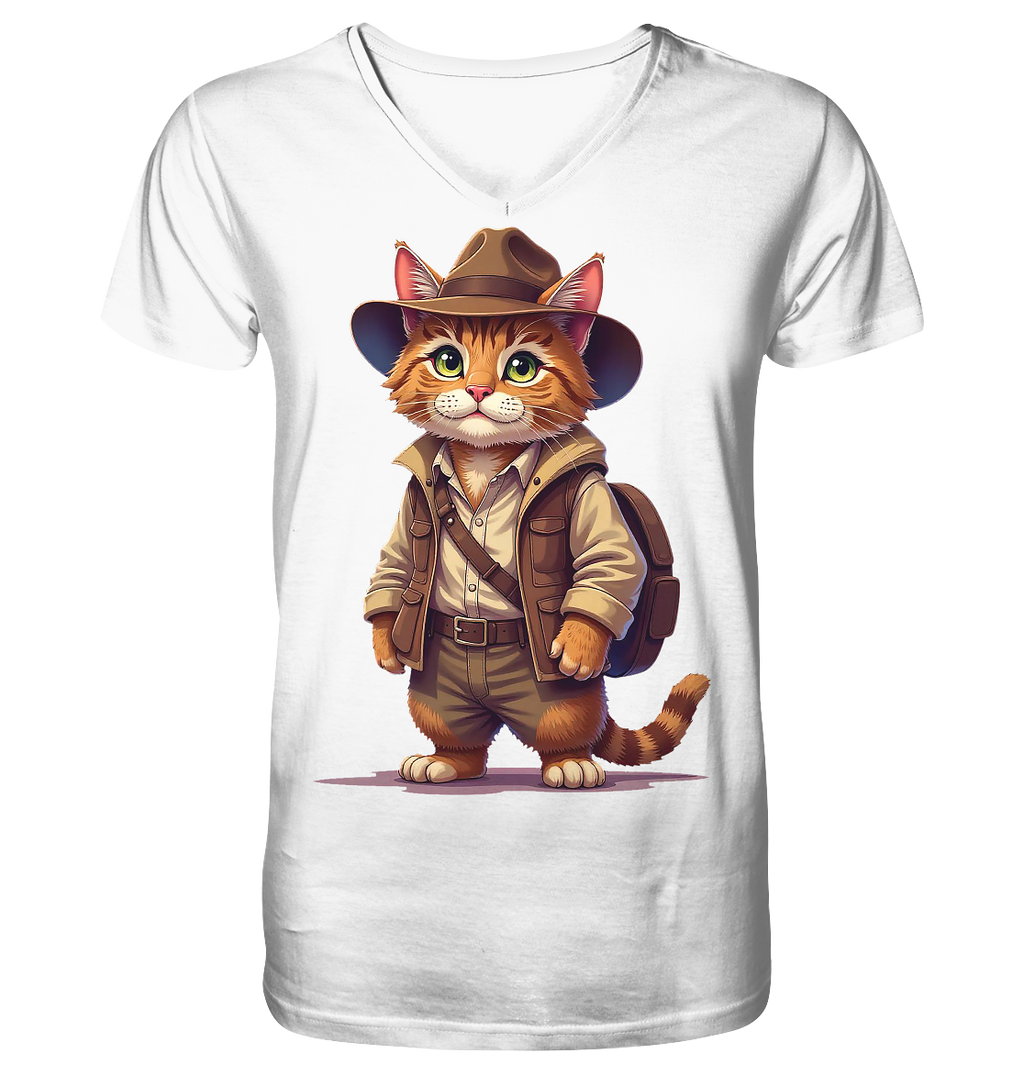 Abenteurer Katze Cartoon  - personalisierbar - V-Neck Shirt