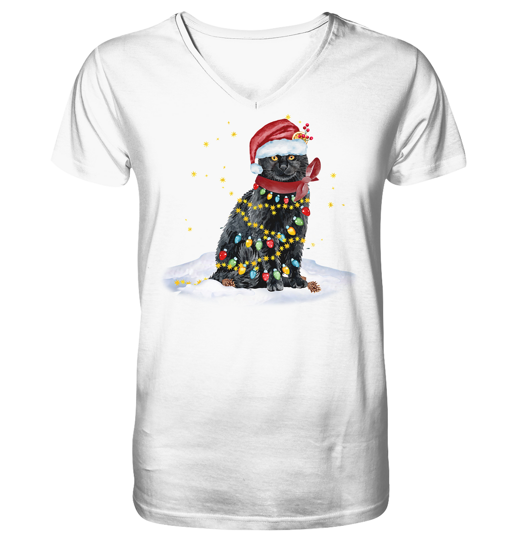Lustige Weihnachts Katze Zeichnung - V-Neck Shirt
