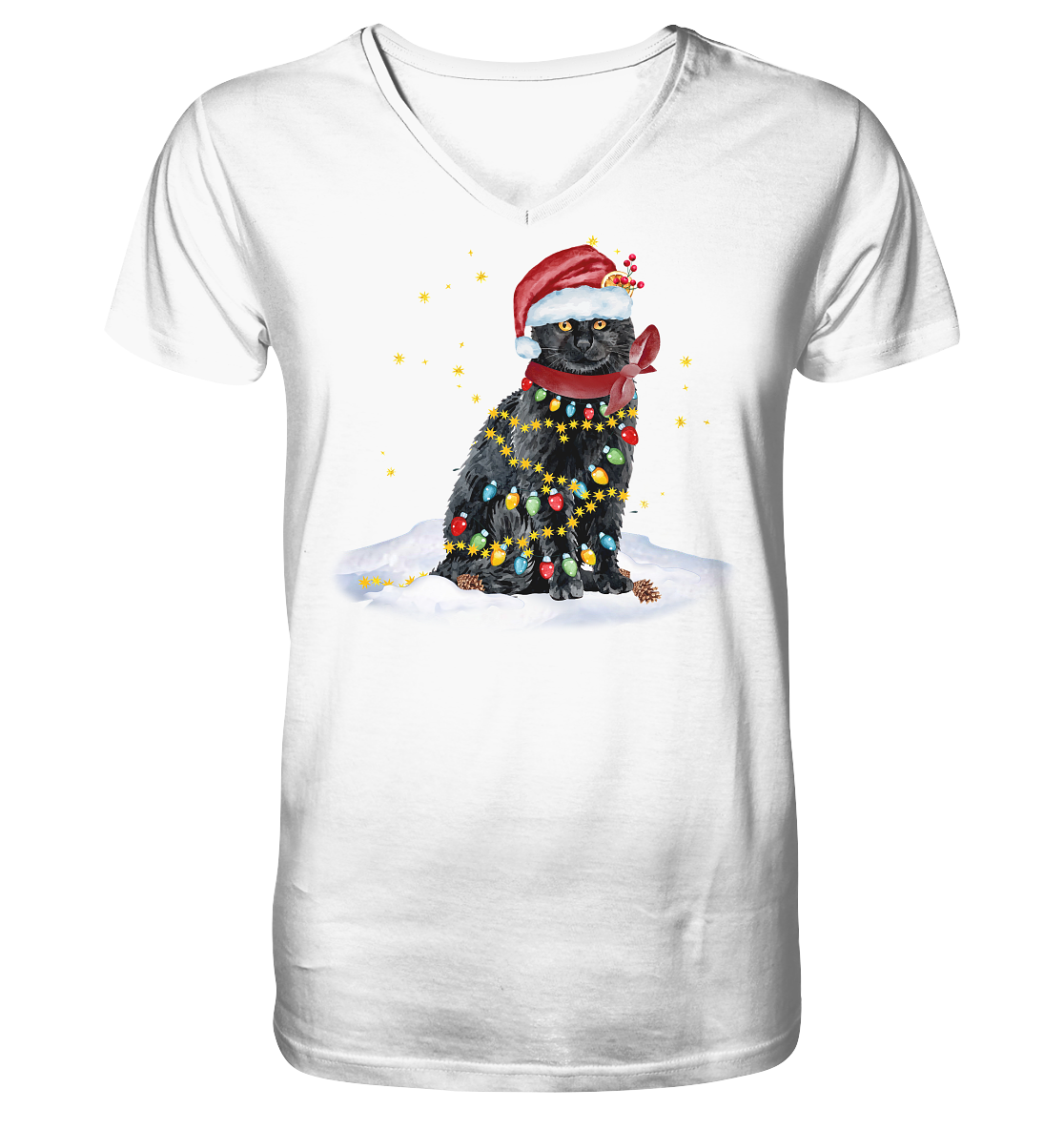 Lustige Weihnachts Katze Zeichnung - V-Neck Shirt