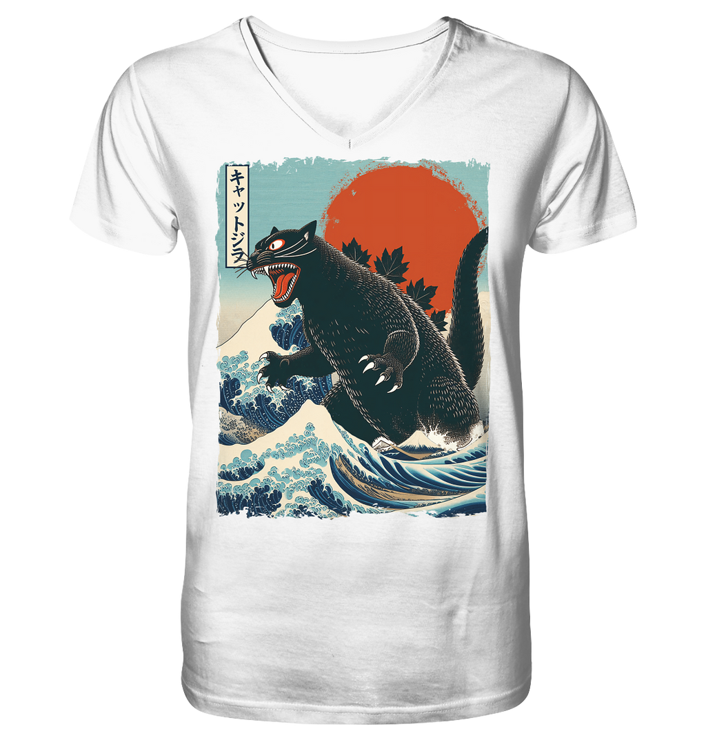 Cat - Zilla , Comic Style - V-Neck Shirt