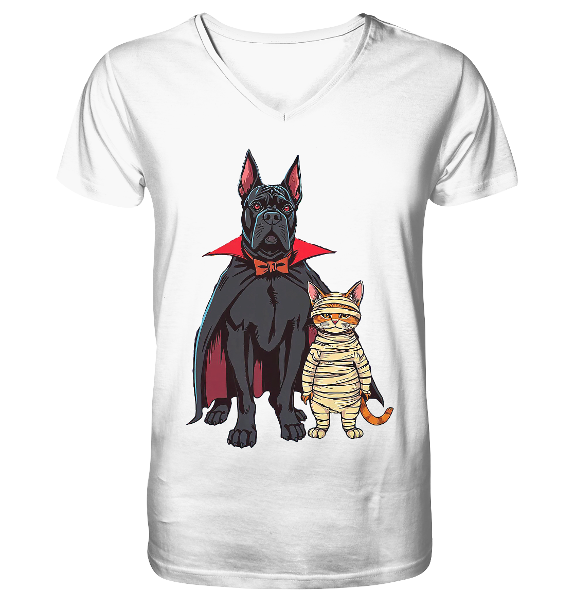 Halloween Cane Corso mit Katze als comic - V-Neck Shirt