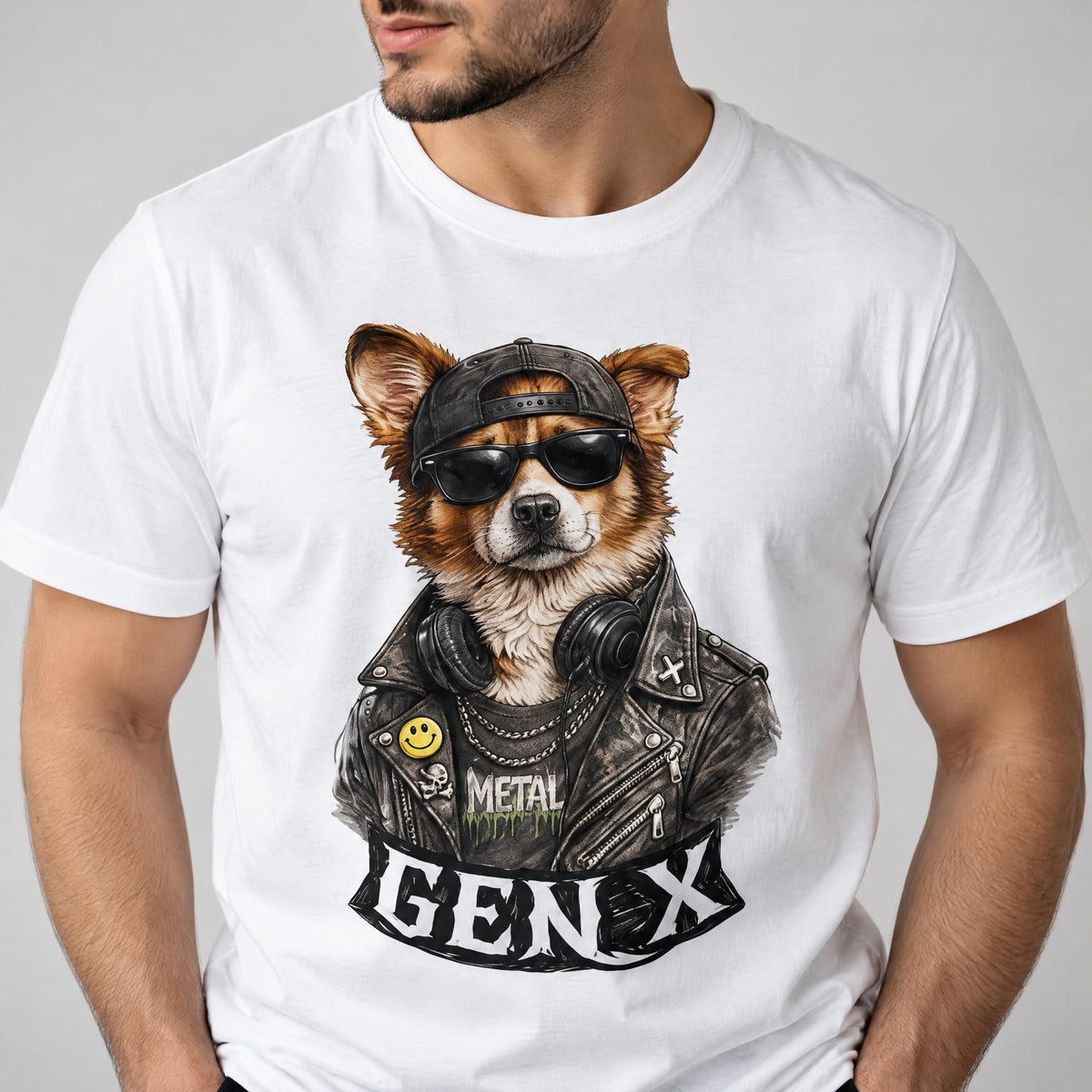 White cotton t-shirt featuring a detailed graphic of a dog wearing a leather jacket, sunglasses, and headphones.