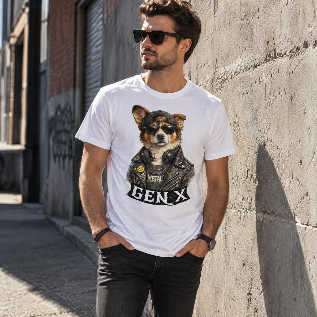Person wearing a white graphic t-shirt with a punk dog design while standing against a textured urban concrete wall.
